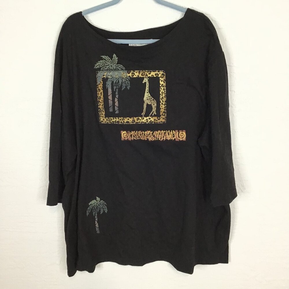 Studio G Top Women Size 2X Black Animal Print 3/4 Sleeve Pullover Round Neck
